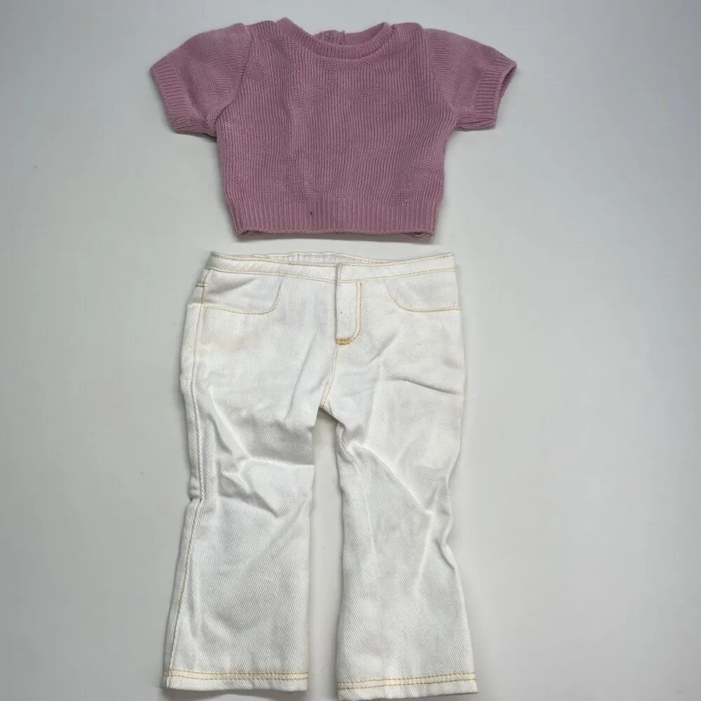 American Girl Doll Retired Pink Ribbed Short Sleeve Sweater & White Flared Jeans
